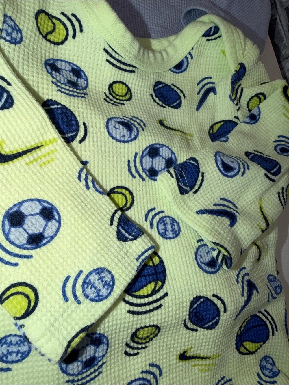 2 Baby Nike Long-Sleeve‎ Baby One-Piece in Light Blue and Yellow Soccer Print
